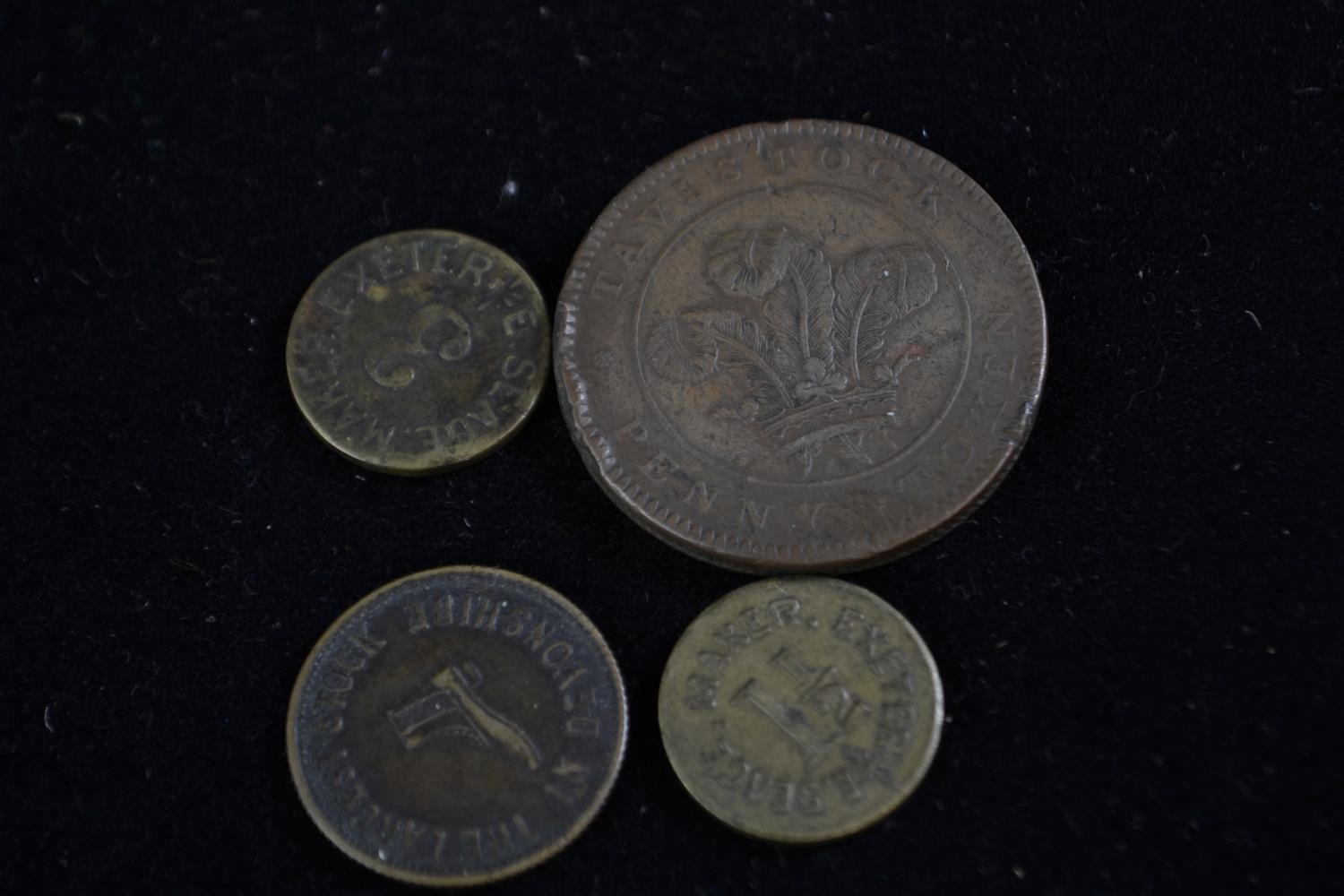 Tavistock mines penny token, two Black Down's Lions Exeter tokens & Dick's Plymouth token 