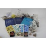 Tub of mostly British coins, including commemorative, coin folders including British pennies, 1870 -