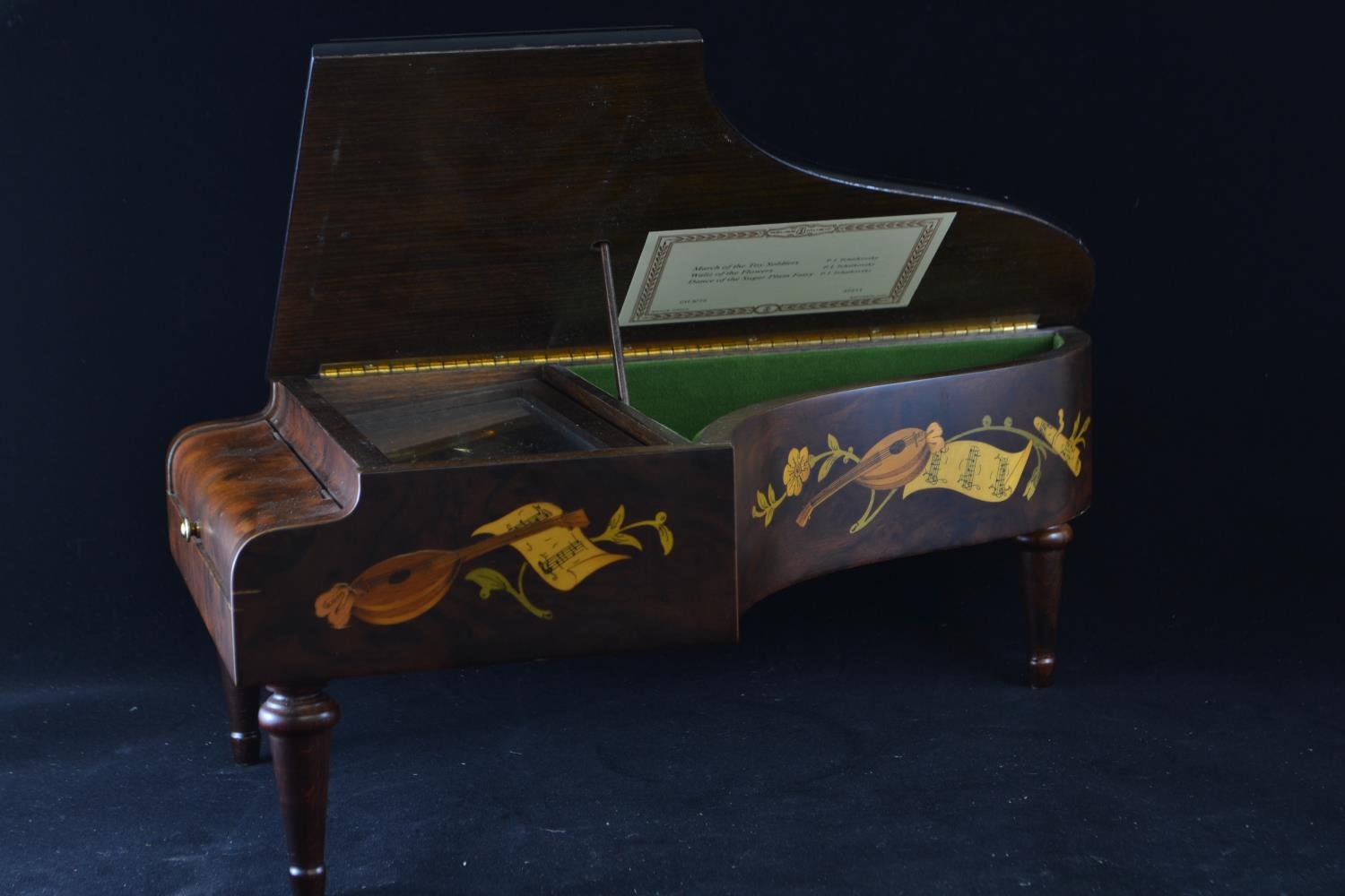 Inlaid wooden Asprey music box grand piano, made in Switzerland, plays 'March of the Toy Soldiers, W