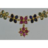 Yellow metal &amp; sapphire multi-colour necklace, tests positive for 9ct gold, circumference 400mm,