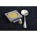 Small silver mounted frame, 6.5cm square, silver thimble &amp; teaspoon, various makers &amp; dates