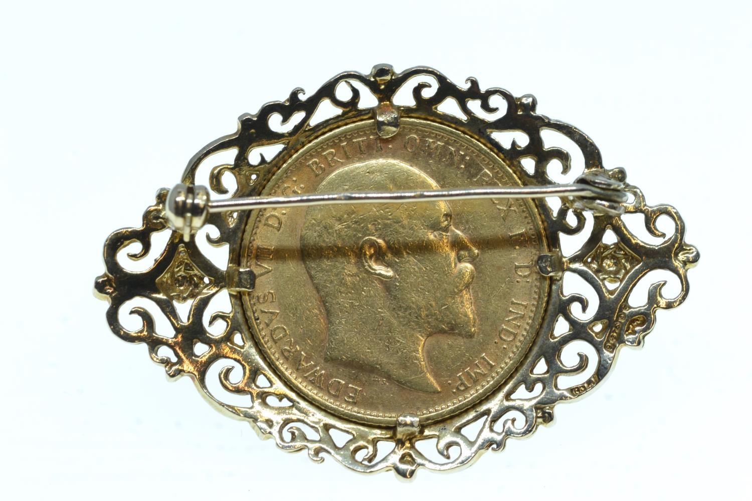 1905 Edward VII Sydney mint full sovereign in 9ct gold brooch mount, brooch width 47mm, gross weight - Image 2 of 3