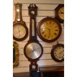 Large Early C20 Mahogany inlaid barometer thermometer with mercury H112cm W32cm.