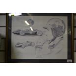 Signed ltd. ed. print of Graham Hill and his 1.5 litre B.R.3V8. 43cm high