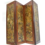 Room divider in Mahogany with brass hinges and decoupage effect panels. H153cm, Each Panel width53cm