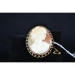 9ct gold &amp; cameo brooch, non gold pin &amp; safety chain, height 55mm, gross weight 20.28 grams