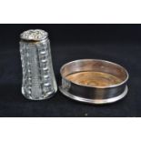Silver wine coaster, maker R &amp; D, London 1969, together with a silver lidded sifter, maker JCP &