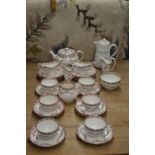 Minton tea service (rose) teapot, milk jug, bowl, 8 s/plates,8 saucers,6 cups, two dishes, 2 small j