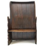 C18 barrel back elm seated settle. W110cm H170cm D40cm. Also includes 2" cushion. W Flay branded int