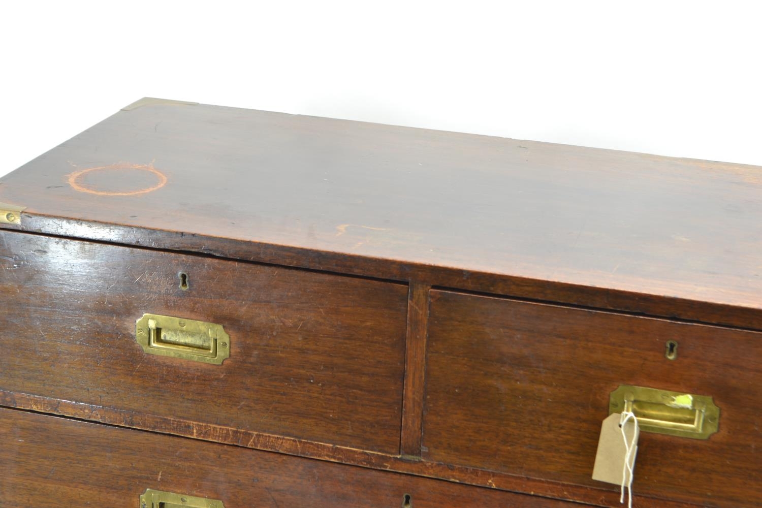 C19 Teak 2 over 3 campaign chest, with inset brass handles & corners. Splits in 2 for transportation - Image 4 of 7