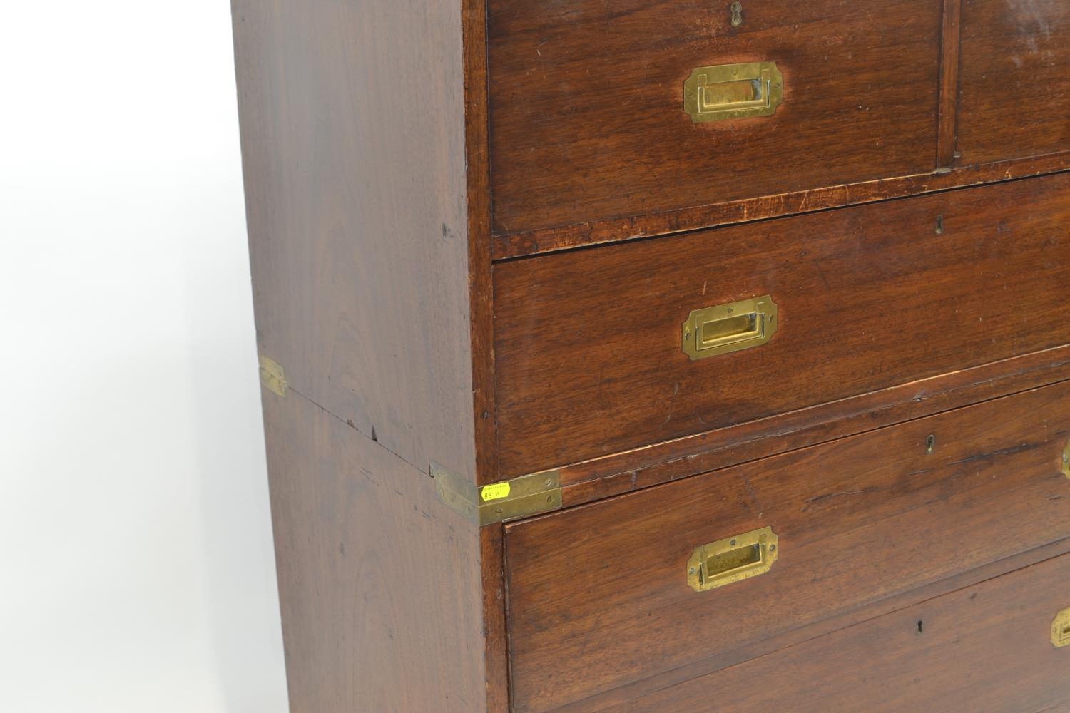 C19 Teak 2 over 3 campaign chest, with inset brass handles & corners. Splits in 2 for transportation - Image 3 of 7