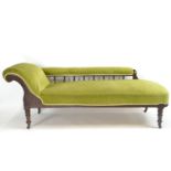 carved Mahogany Green covered horsehair Chaise long on casters. W58cm L180cm H70cm