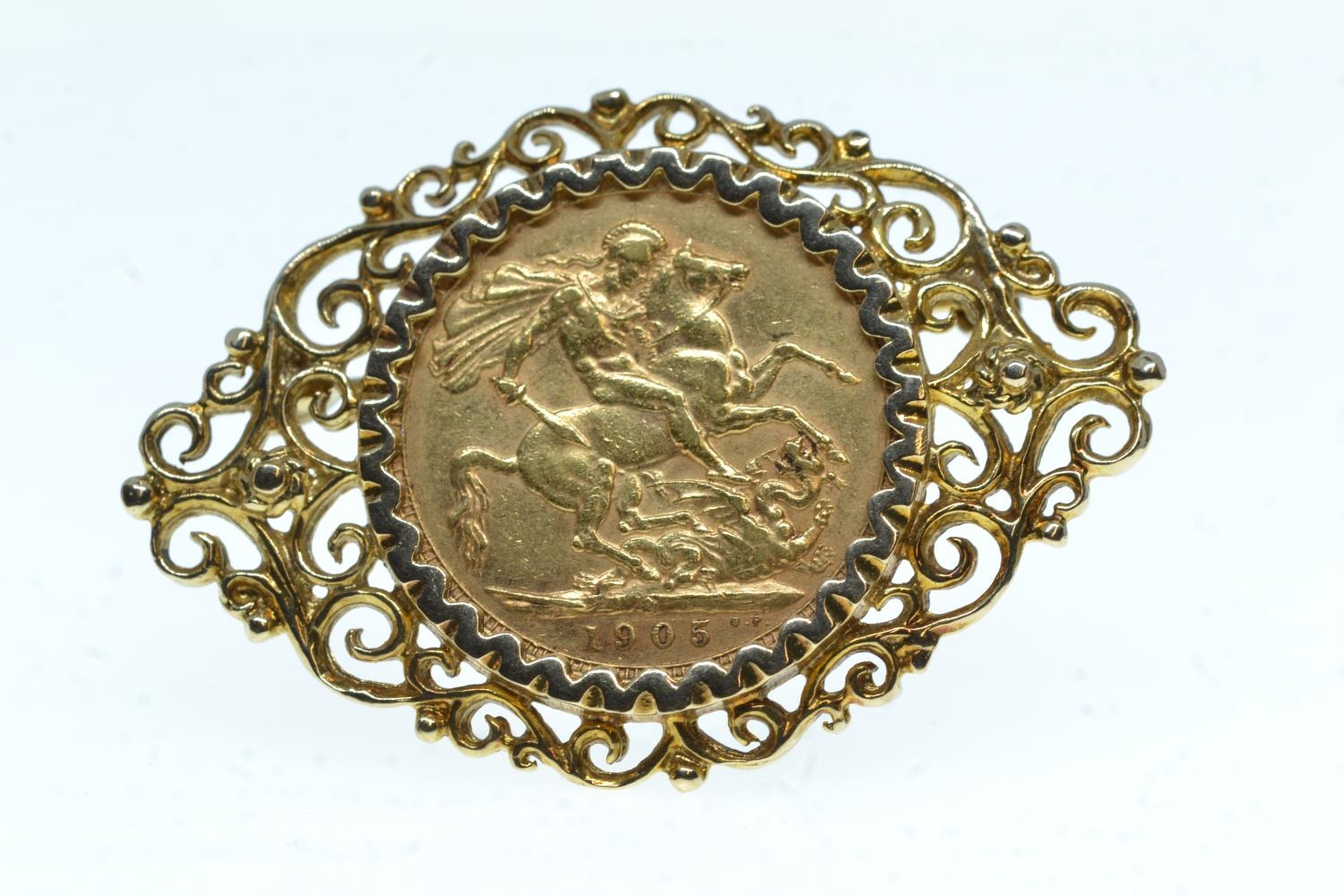 1905 Edward VII Sydney mint full sovereign in 9ct gold brooch mount, brooch width 47mm, gross weight