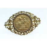 1905 Edward VII Sydney mint full sovereign in 9ct gold brooch mount, brooch width 47mm, gross weight