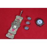 Silver cased watch, three Victorian rolled gold &amp; hardstone buttons &amp; a white metal fob moun