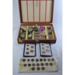 Slide box containing mostly British coins, including half crowns and commemorative