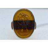 White metal &amp; intaglio ring, the brown oval panel depicting a classical figure of a man, size S