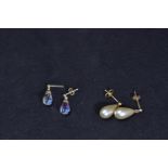 Two pairs of yellow metal &amp; gemstone drop earrings, test positive for 9ct gold, gross weight 5.1