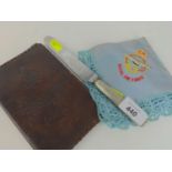 RAF WWII dinner knife, silk and lace embroidered handkerchief plus leather wallet