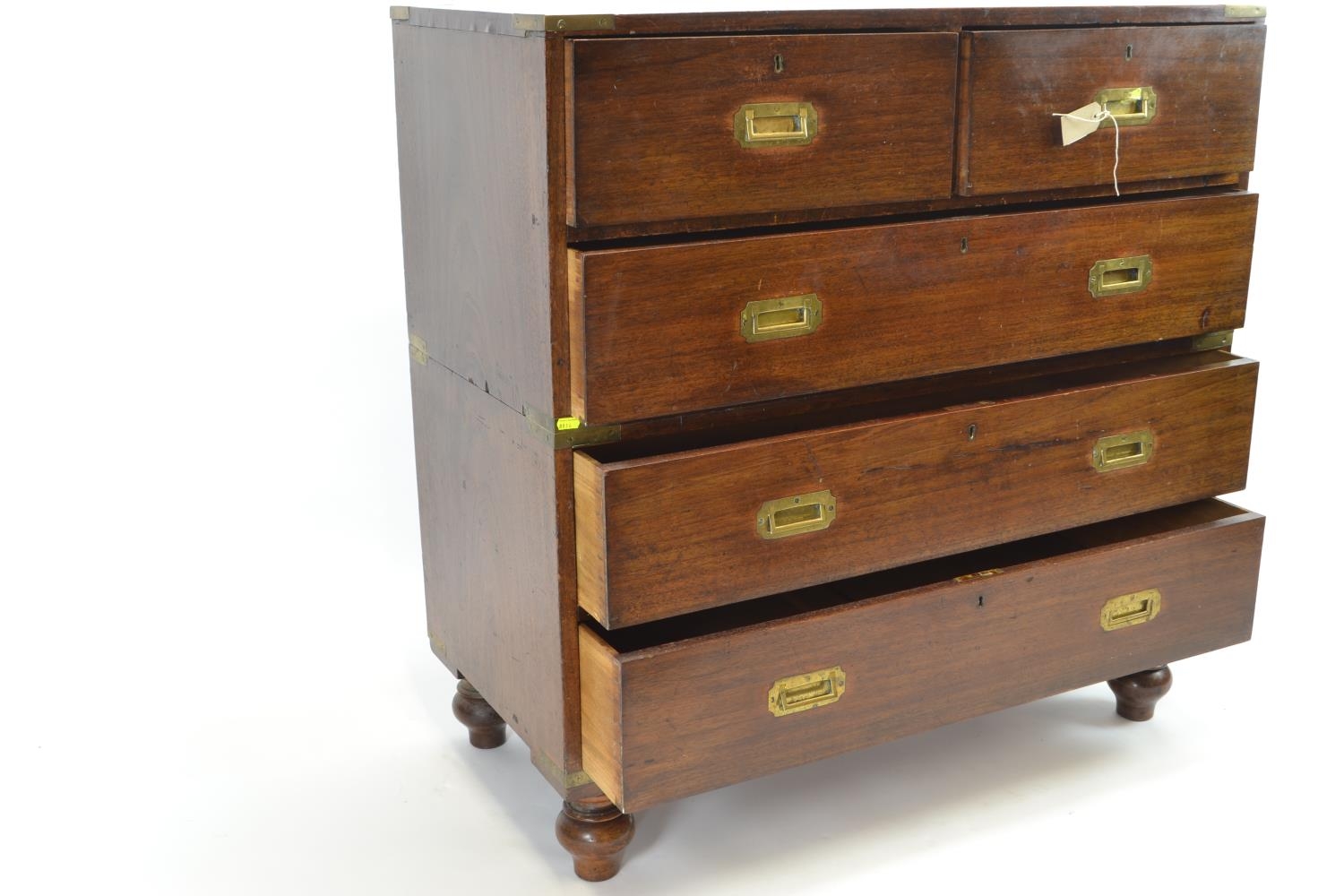 C19 Teak 2 over 3 campaign chest, with inset brass handles & corners. Splits in 2 for transportation - Image 7 of 7