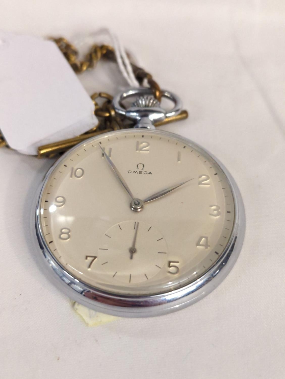 Omega Pocket watch with fob chain, Inscribed to back. Running but not tested.  