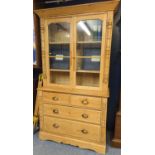 Pine dresser with glazed doors four drawers with brass clam shell handles W110cm D46cm H206cm