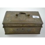 C19th decorative brass cash/deed box, w21.5cm x d12.5cm x h9cm