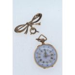 Ladies French?? gold &amp; enamel cased open faced pocket watch, the case set with diamonds