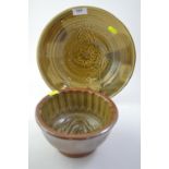 Studio pottery centrepiece bowl, 28cm diameter, &amp; a stoneware jelly mould