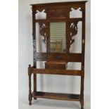 Early C20th oak hallstand with six hooks, w107cm x d31cm x h198cm