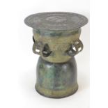 Verdigris bronze Balinese rain drum, dia. 52cm x height 63cm