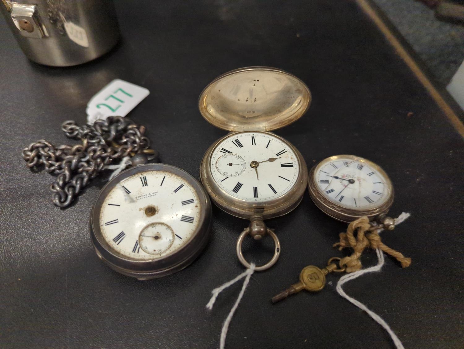 Three silver pocket watches in various conditions inc. Symons and sons Launceston pocket watch with 