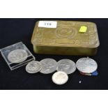 WW1 1914 Christmas tin containing coins, inc. 1971 half dollar &amp; 1953, 1965 &amp; 1977 crowns