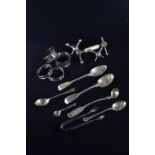 Collection of HM silver, including four teaspoons, salt spoon, pair of sugar nips &amp; four napkin