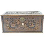 Asian export camphor wood chest, with carved junk boat panels. W106cm d55cm h49cm