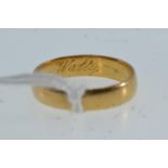 Yellow metal band ring, tests positive for 22ct gold, size J1/2, 2.93 grams