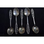 Set of five Norwegian 830 silver&nbsp;teaspoons, maker Br&oslash;drene Mylius, with pierced foliate