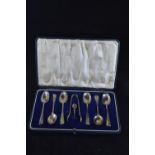 Cased set of six silver teaspoons &amp; pair of sugar nips, maker DF, London 1927, together with a s