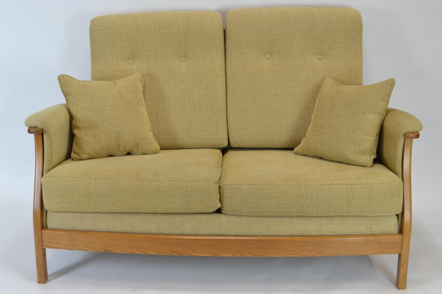 Elm framed two seater Ercol sofa in natural finish h90cm x w144cm x d70cm 