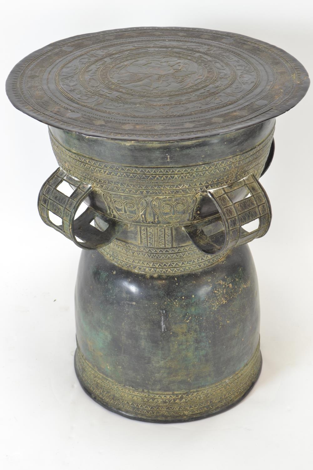 Verdigris bronze Balinese Moko rain drum, dia. 52cm height 63cm  - Image 3 of 7