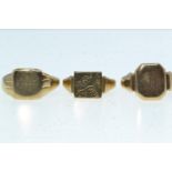 Three 9ct gold signet rings, initialled, size N, Q1/2 &amp; S respectively, gross weight 10.4 grams
