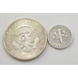 1964 silver half dollar &amp; a silver dime