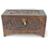 Ornate carved oriental camphor wood blanket box, w104cm x d51cm x h59cm