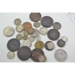 Various British &amp; world coins, including some silver, a 1811 Tavistock penny &amp; other tokens