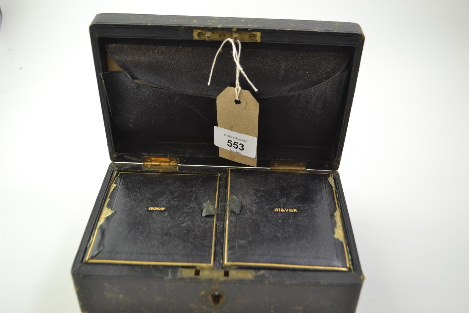 Victorian gentleman's box with compartments labelled 'gold', 'silver' and 'notes' 