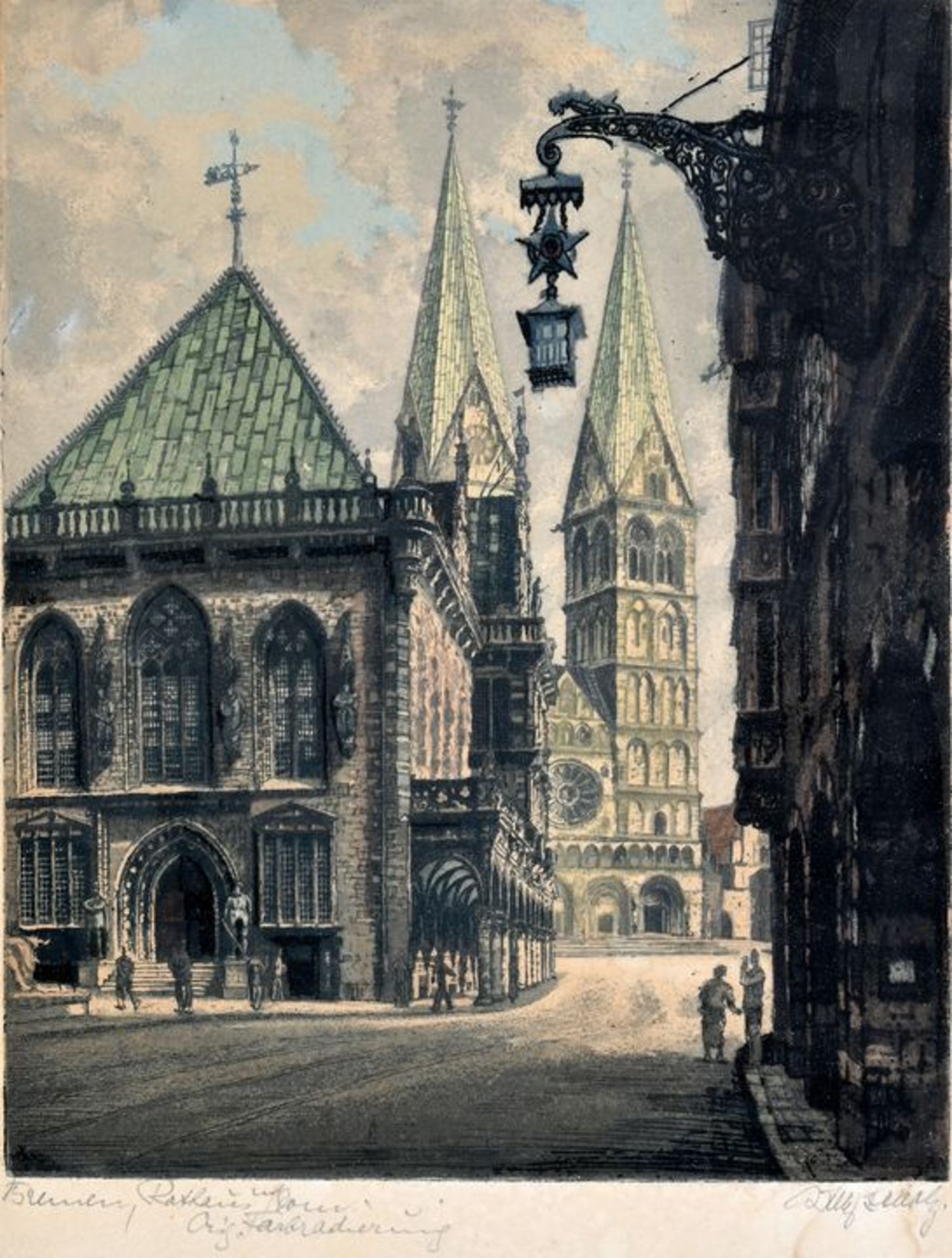 Scholz, Willy. 1899 Heilbronn-1965 MünchenAnsicht von Bremen: Rathaus und Dom. Farbradierung