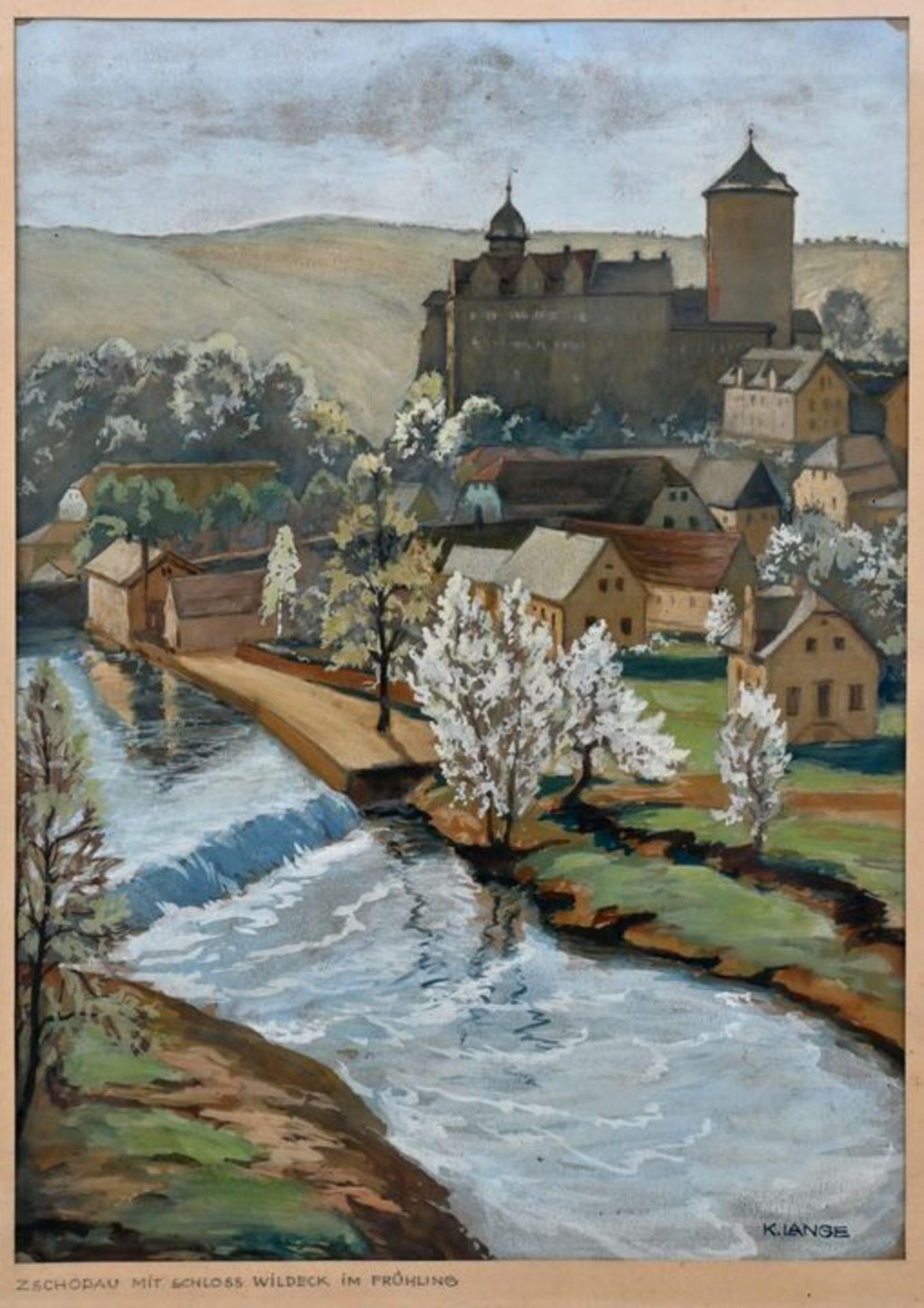 Lange, K."Zschopau mit Schloß Wildeck im Frühling". Gouache über Blei. 1920er Jahre. Signi