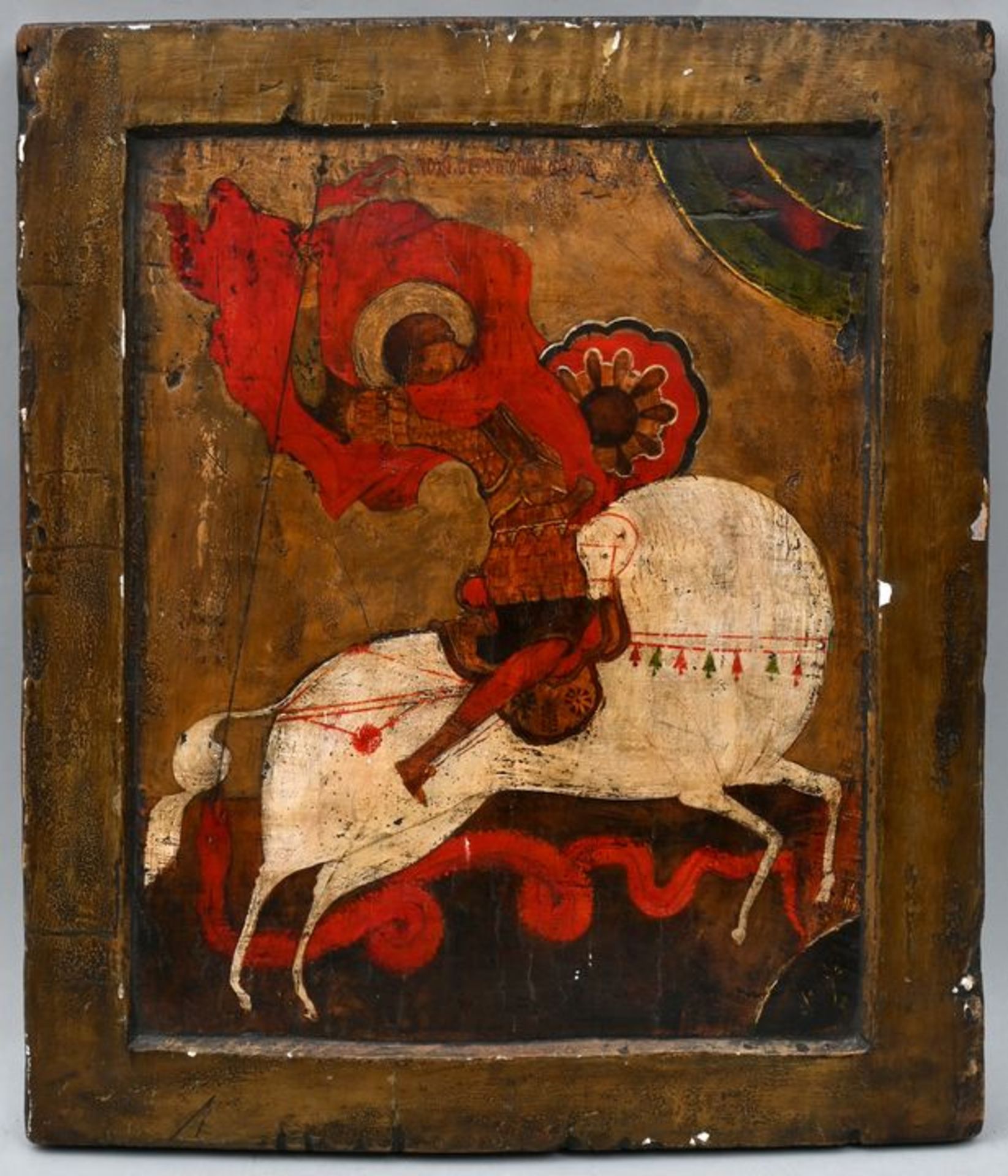 Ikone, Schule Novgorod, Stil 15. Jh.Laubholztafel, in Tempera bemalt: Drachenwunder des Hl. G