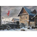 Unbekannter russischer Maler.Verlassene Barrikade im Winter. Mischtechnik (Aquarell und Öl?)