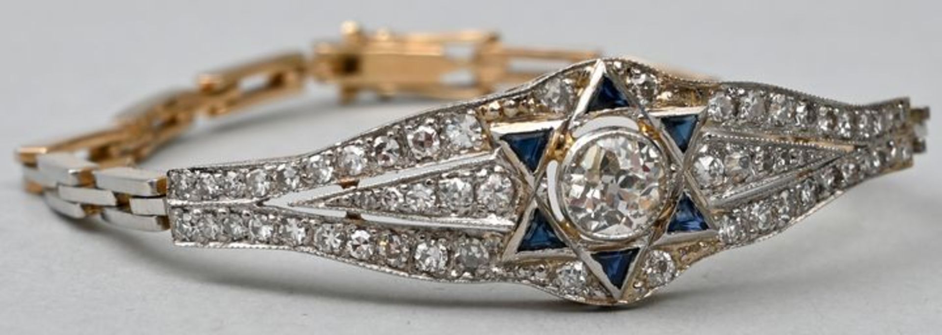 Exclusives Diamant-Armband im Art déco-StilGliederarmband Gelbgold 585, Platindoublé, Schau